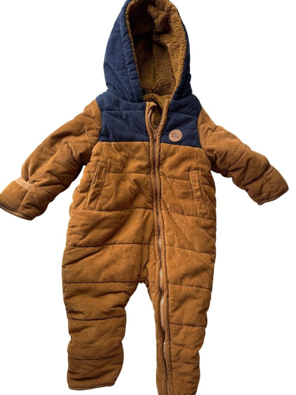 Eddie Bauer Baby Faux Sherpa Lined Hooded Zip Snowsuit 6-9M Brown Blue Corduroy